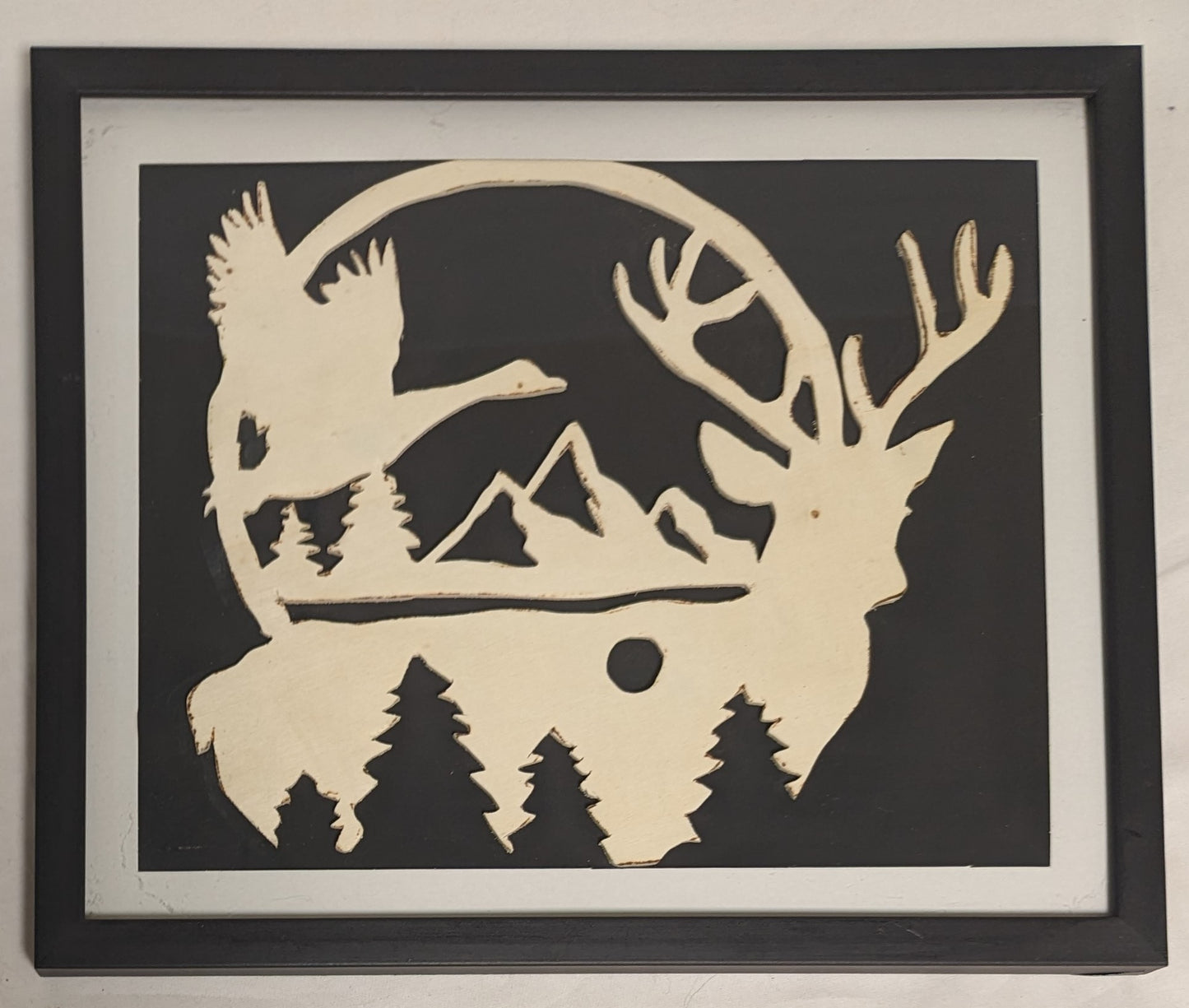 Art By Hand Scroll Sawn " Deer in Forrest " in frame under glass