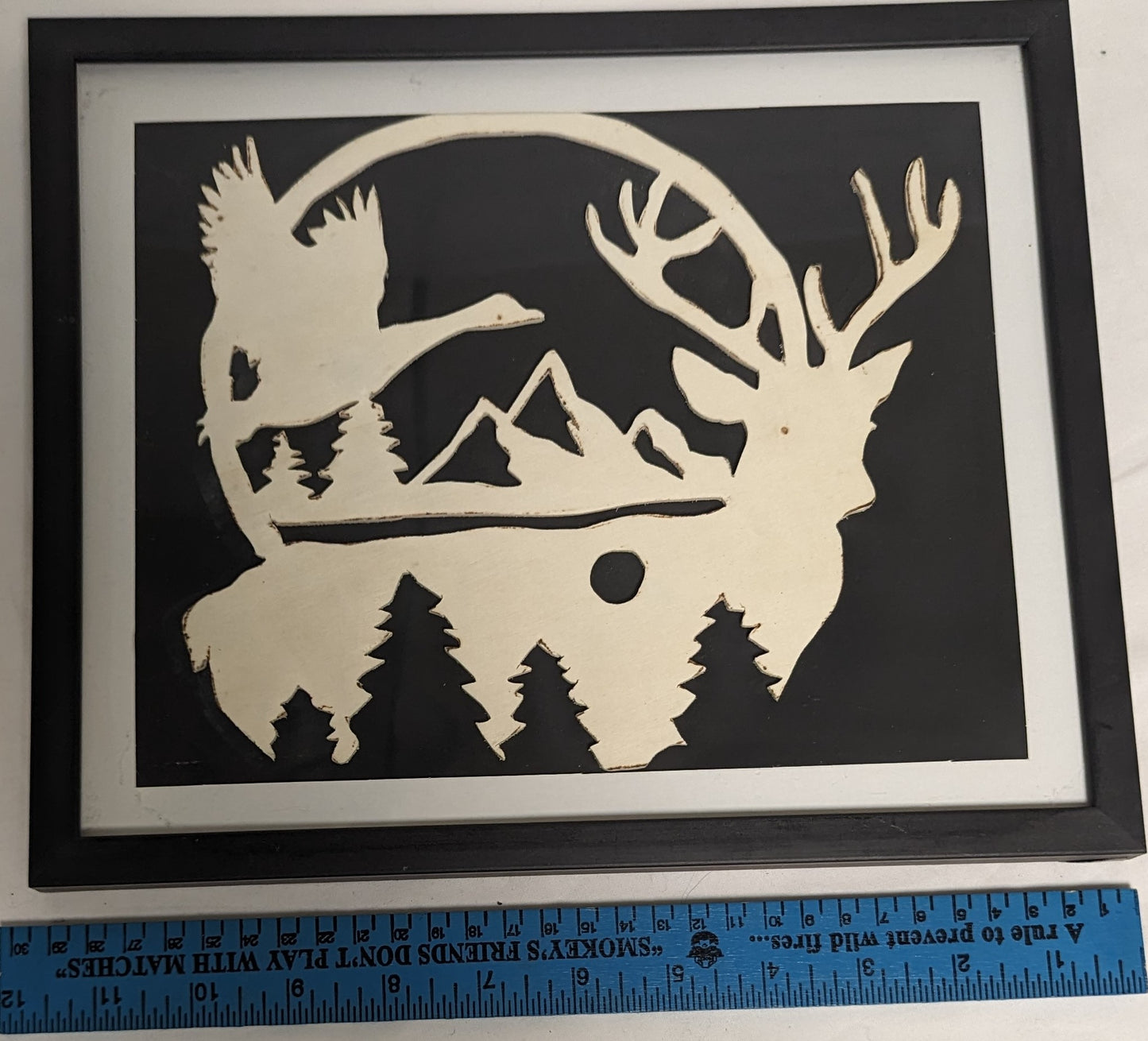 Art By Hand Scroll Sawn " Deer in Forrest " in frame under glass