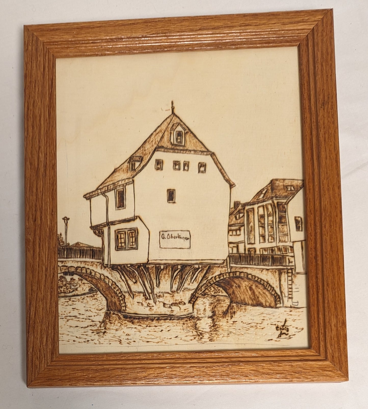 Art Vintage Pyrography on wood " Bridge House in Germany " In frame under glass