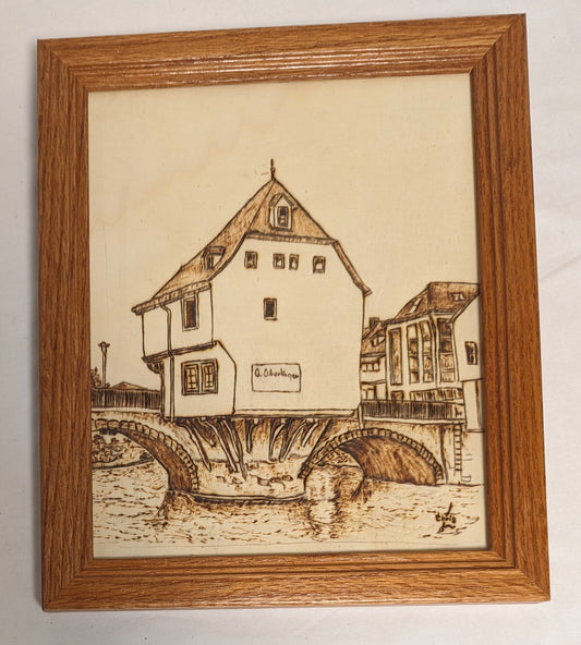 Art Vintage Pyrography on wood " Bridge House in Germany " In frame under glass