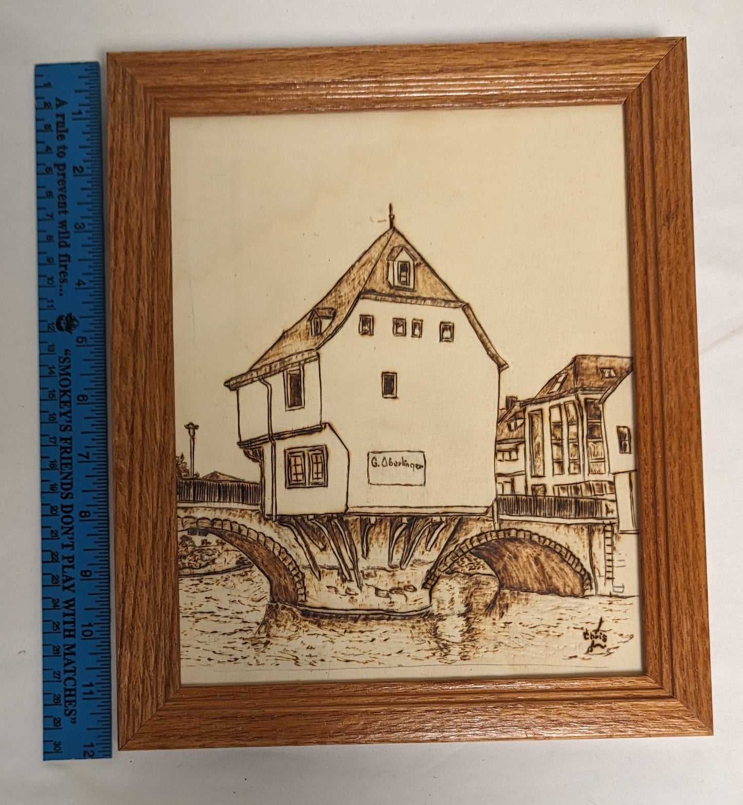 Art Vintage Pyrography on wood " Bridge House in Germany " In frame under glass