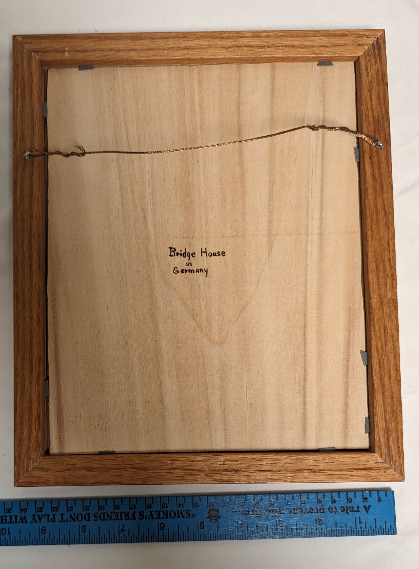 Art Vintage Pyrography on wood " Bridge House in Germany " In frame under glass