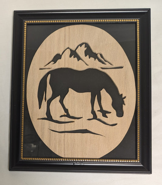 Art Scroll Sawn on wood Emblem " Grazing Horse: In frame under glass