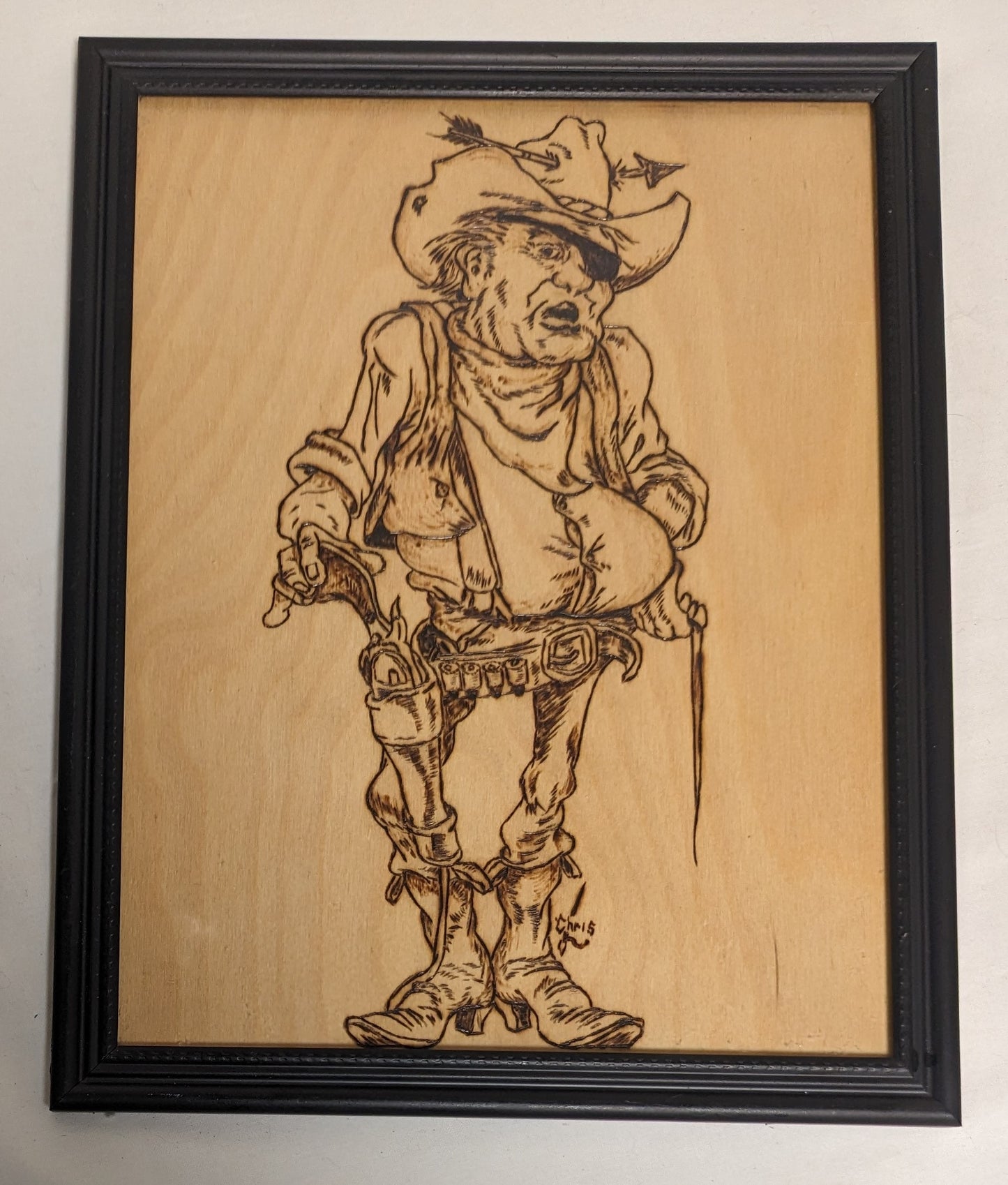 Art Handmade Pyrography on wood  " Rooster Cogburn" In frame under glass