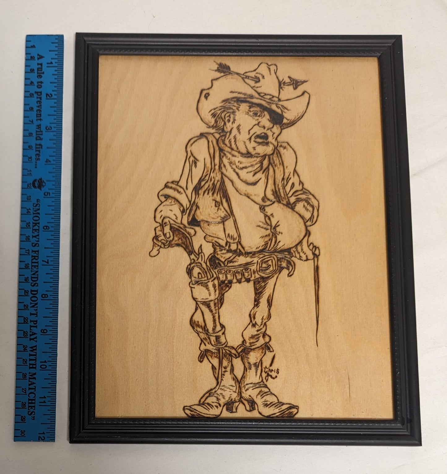 Art Handmade Pyrography on wood  " Rooster Cogburn" In frame under glass