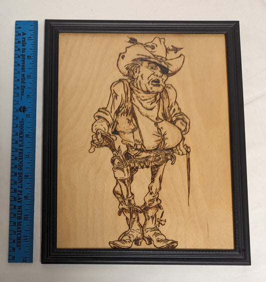 Art Handmade Pyrography on wood  " Rooster Cogburn" In frame under glass