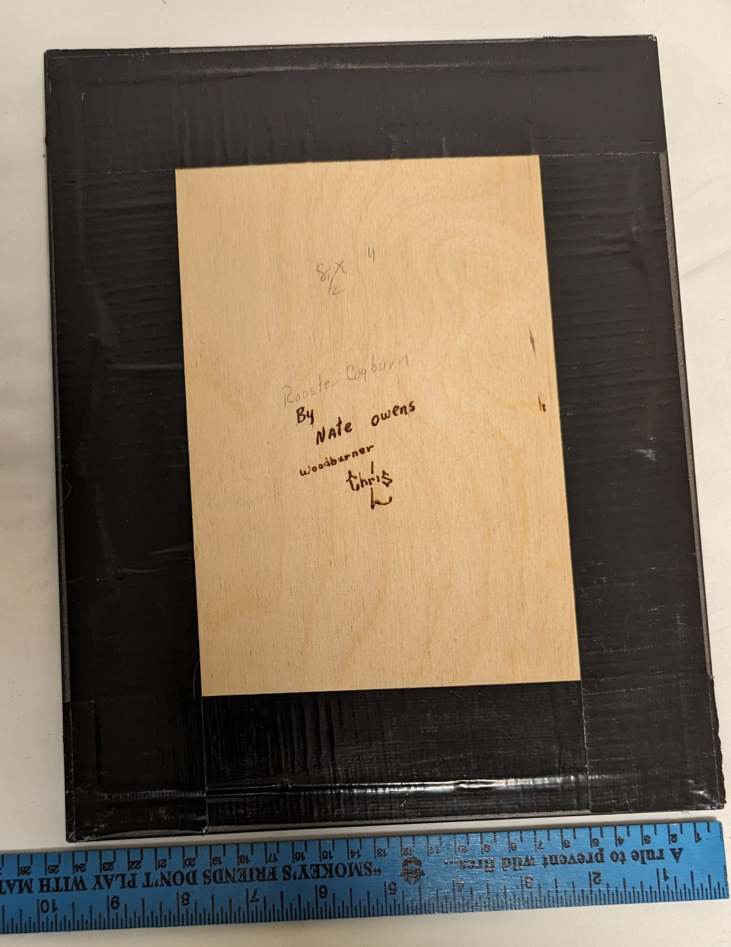 Art Handmade Pyrography on wood  " Rooster Cogburn" In frame under glass