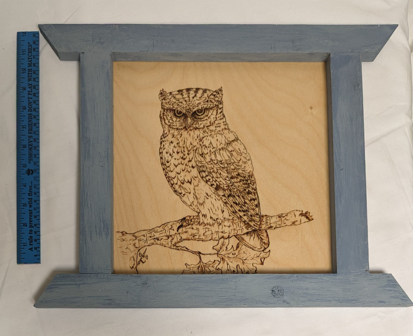 Art Hand made Pyrography on wood in custom Frame ' Owl On Branch" 1/3 Credited and autographed