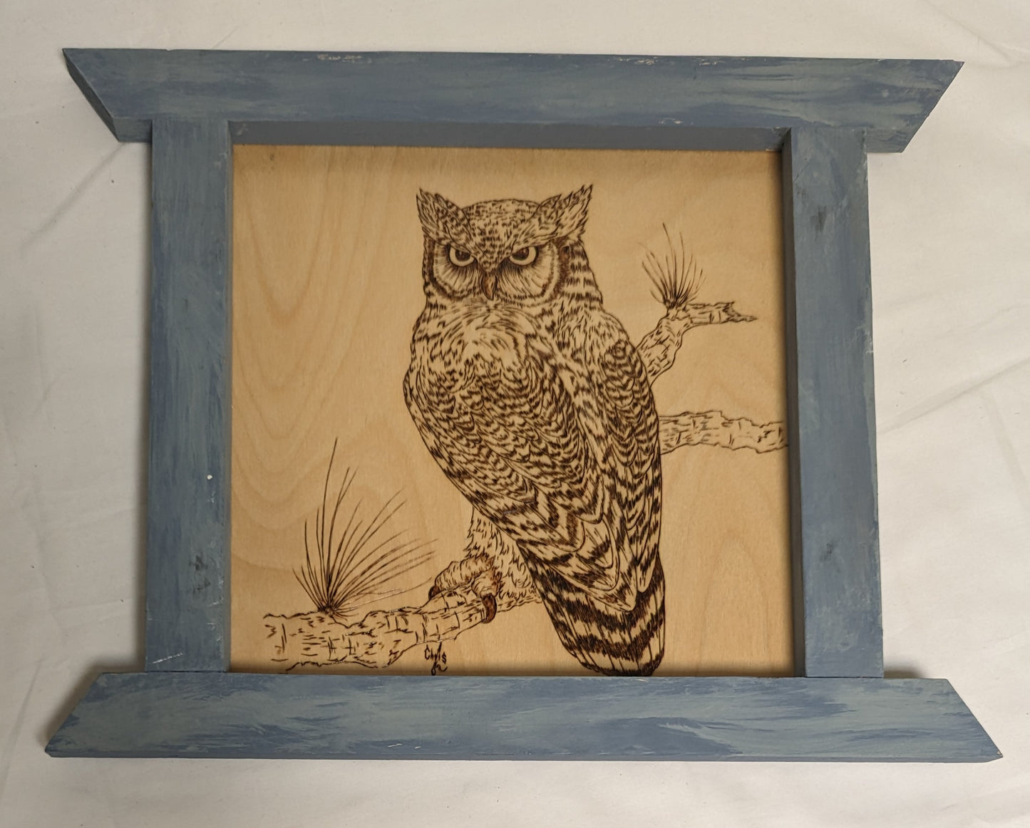 Art HandMade Pyrography on wood in custom  Frame ' Owl On Branch" 2/3 Credited and autographed