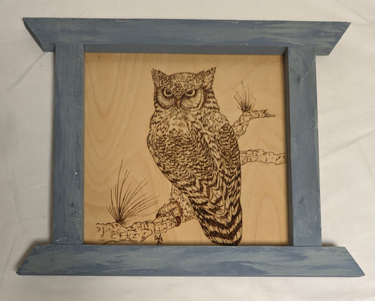 Art HandMade Pyrography on wood in custom  Frame ' Owl On Branch" 2/3 Credited and autographed