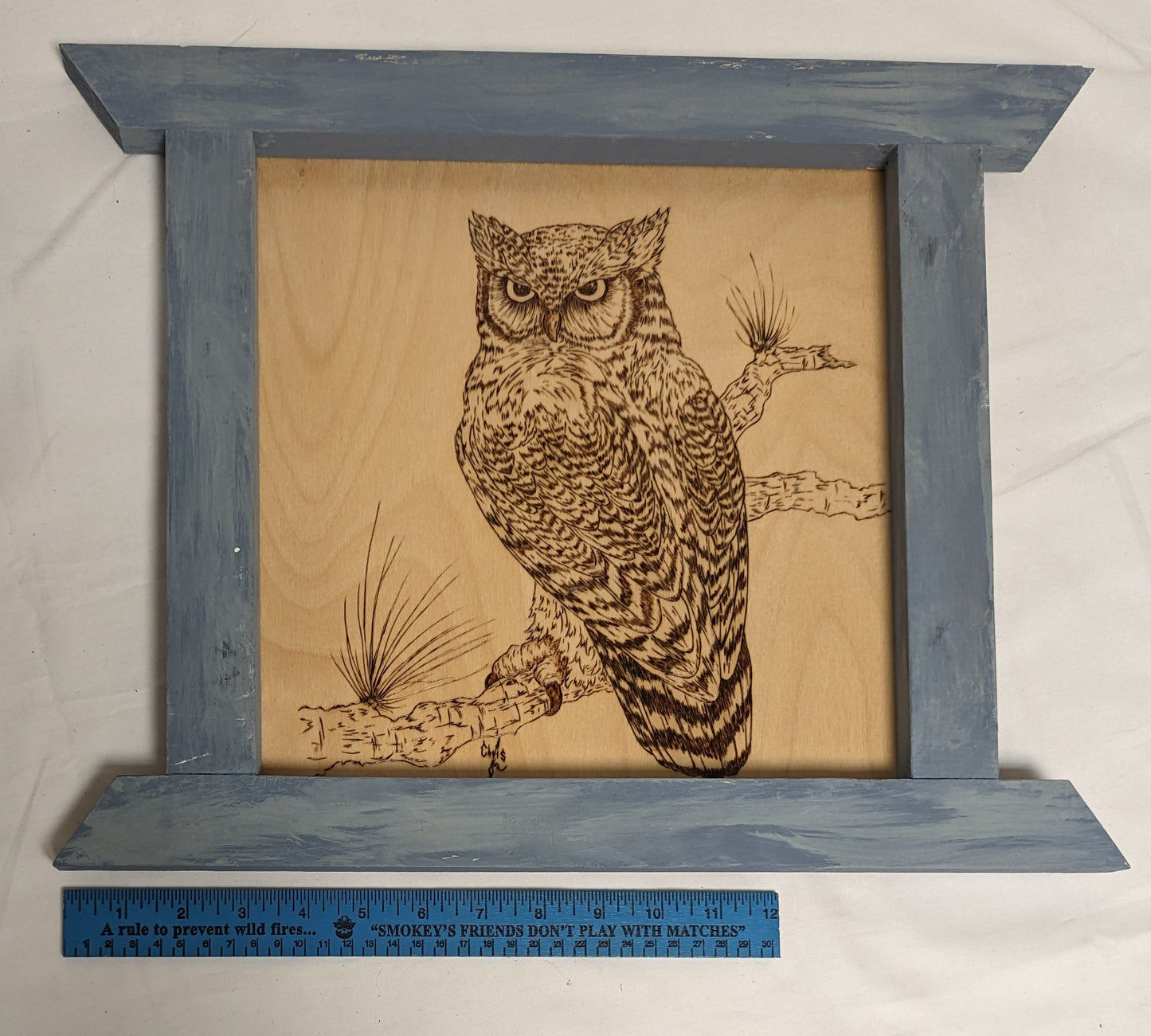 Art HandMade Pyrography on wood in custom  Frame ' Owl On Branch" 2/3 Credited and autographed