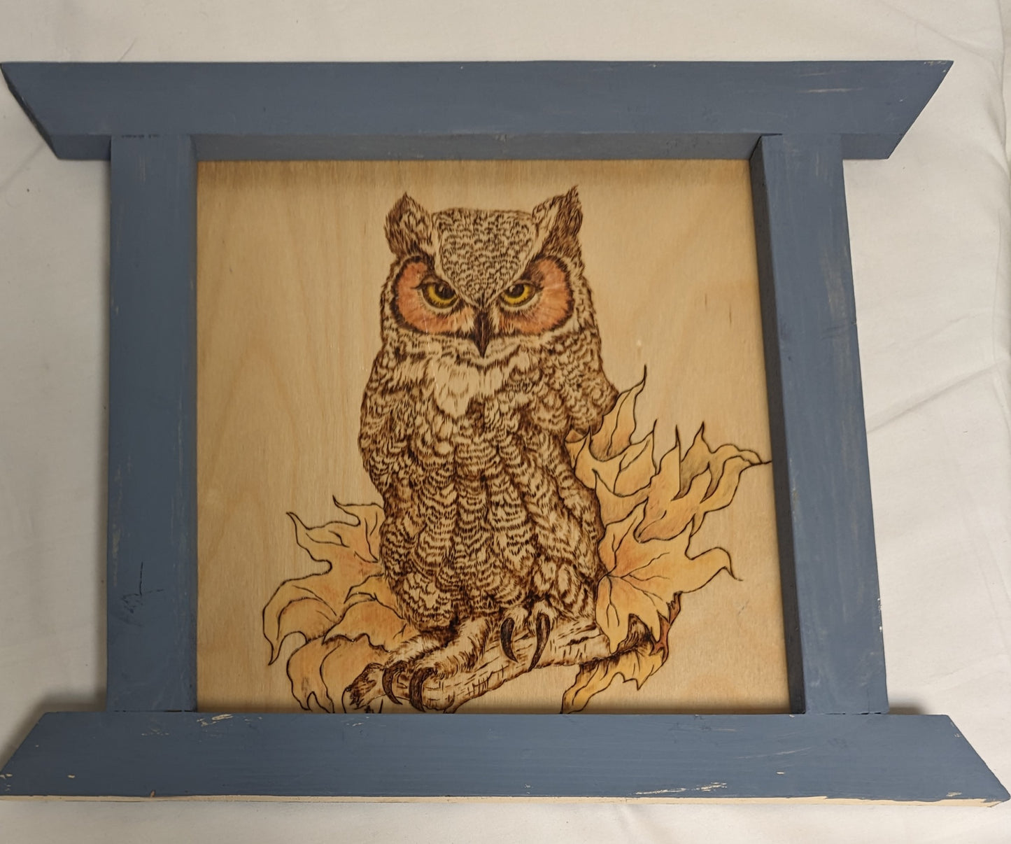Art Hand made Pyrography on wood in custom Frame ' Owl On Branch" 3/3 Credited and autographed