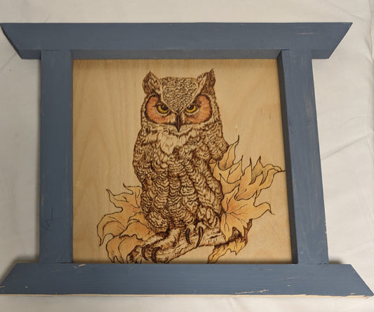 Art Hand made Pyrography on wood in custom Frame ' Owl On Branch" 3/3 Credited and autographed