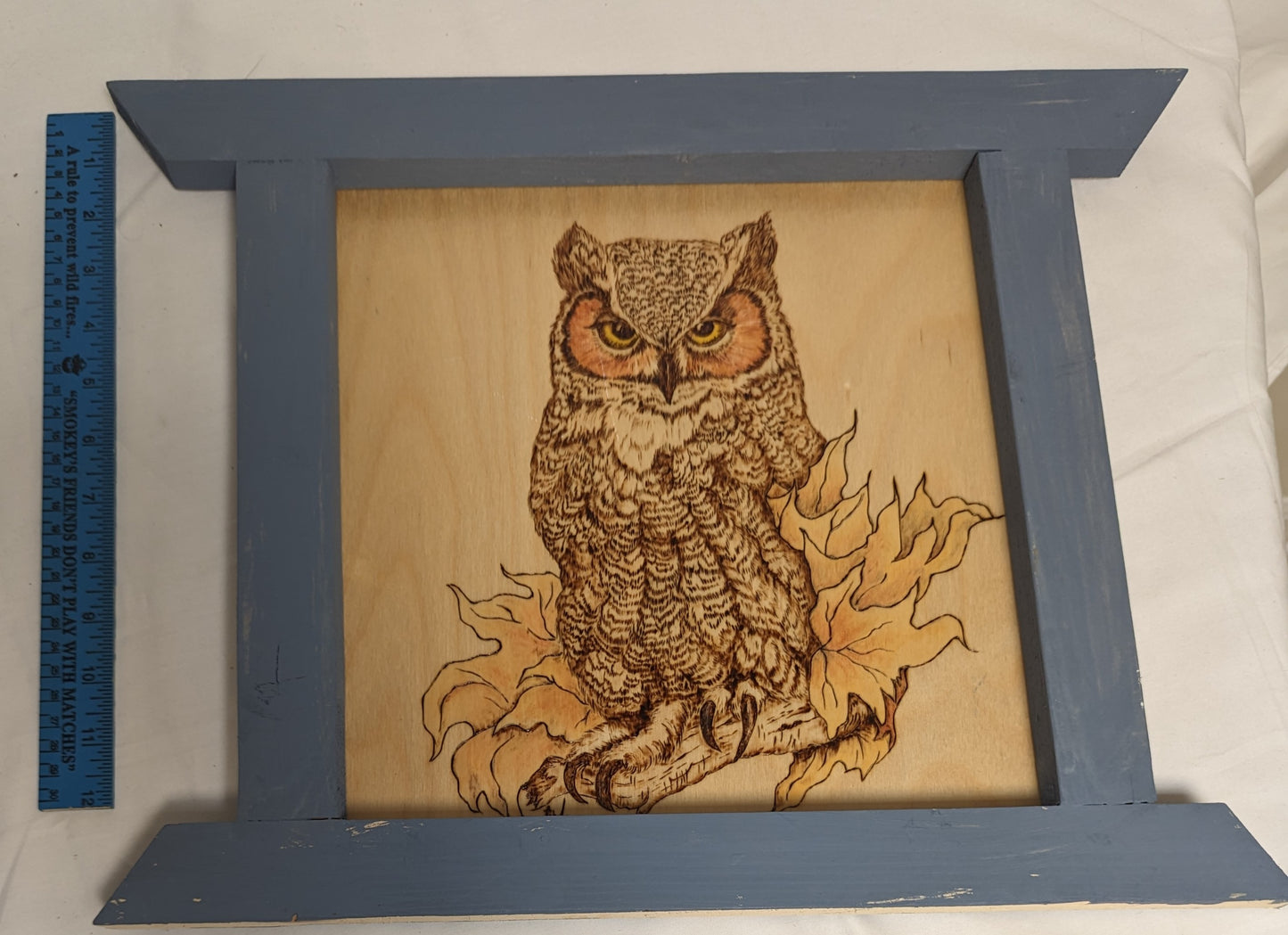 Art Hand made Pyrography on wood in custom Frame ' Owl On Branch" 3/3 Credited and autographed