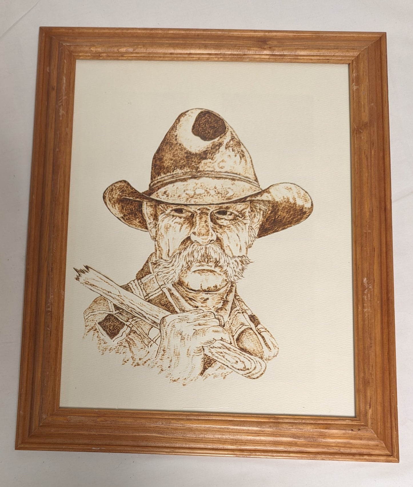 Art Pyrography on wood CowboyCore Portrait in frame under glass