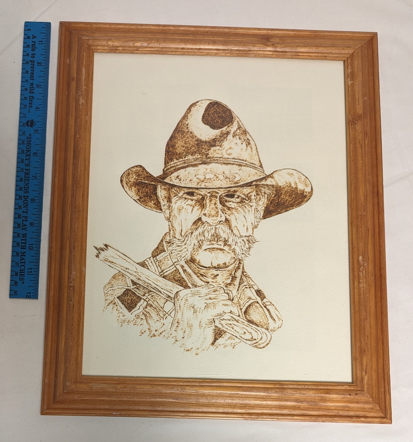 Art Pyrography on wood CowboyCore Portrait in frame under glass