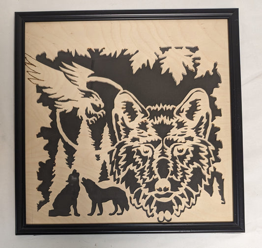 Art Scroll Sawn Cutout Decor Howling Wolves Screaching Eagle in fram under glass
