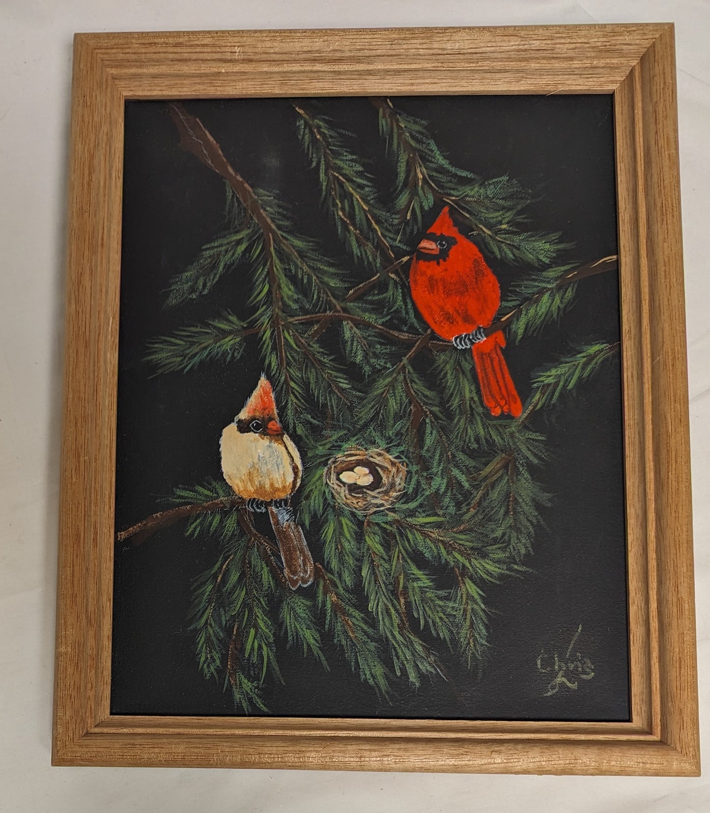 Art Hand Painted Black Canvas Cardnial coup[le with Nest Eggs in Pine in frame under glass