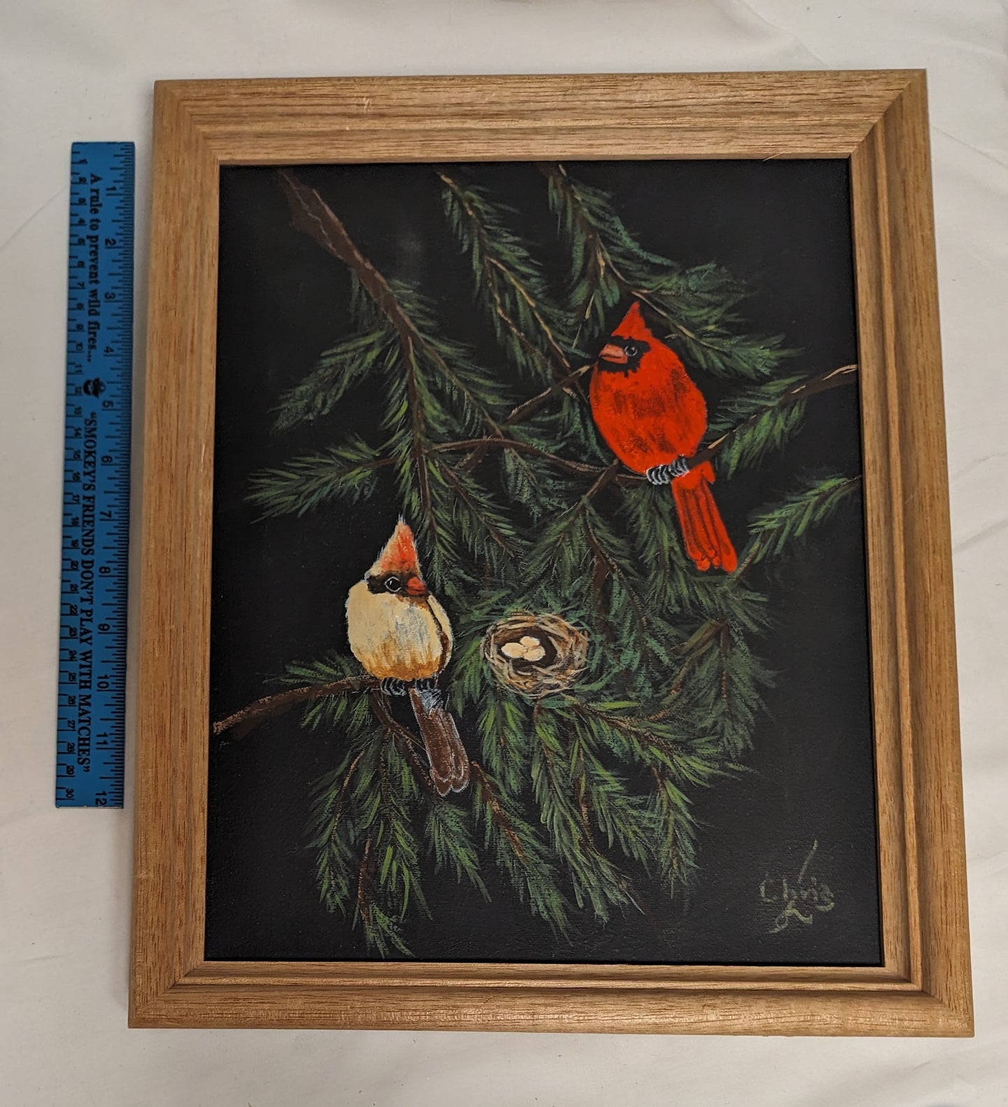 Art Hand Painted Black Canvas Cardnial coup[le with Nest Eggs in Pine in frame under glass