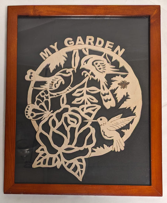 Art Hand Made Scroll Sawn Cutout on wood "Three Little Birds" My Garden in frame under glass