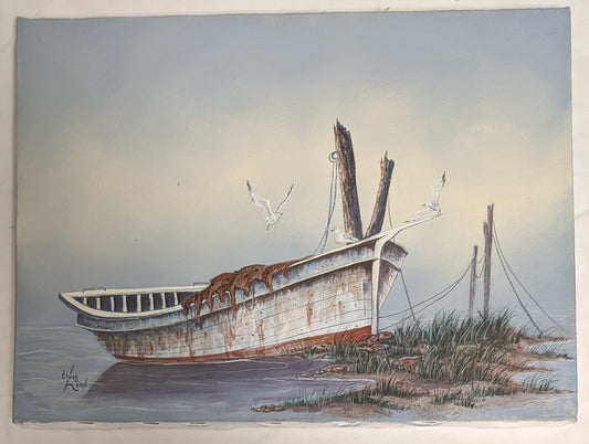 Art Vintage Hand Painted Acrylic on canvas " Three Little Birds on Dirty Skiff" Autographed Seacore