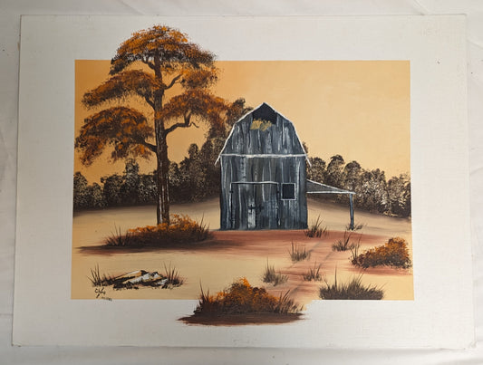 Art Vintage Hand Painted on Canvas Board " Barn Scene' Autographed and dated