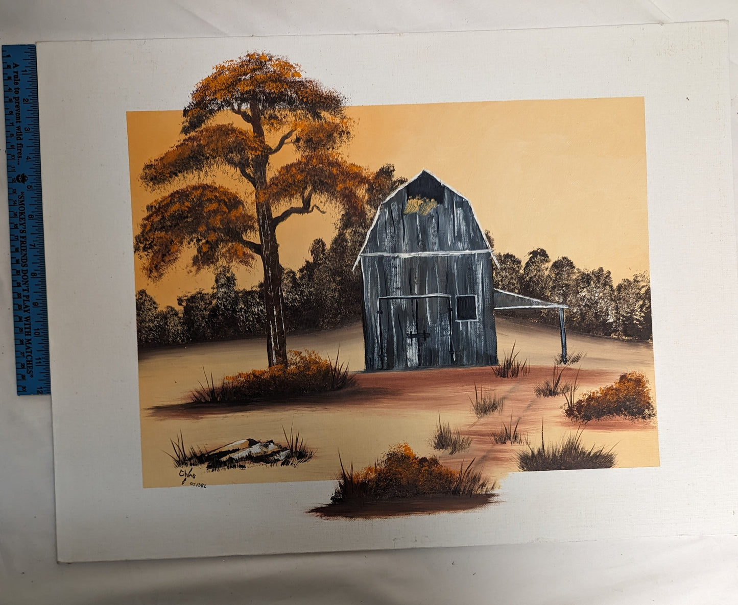 Art Vintage Hand Painted on Canvas Board " Barn Scene' Autographed and dated