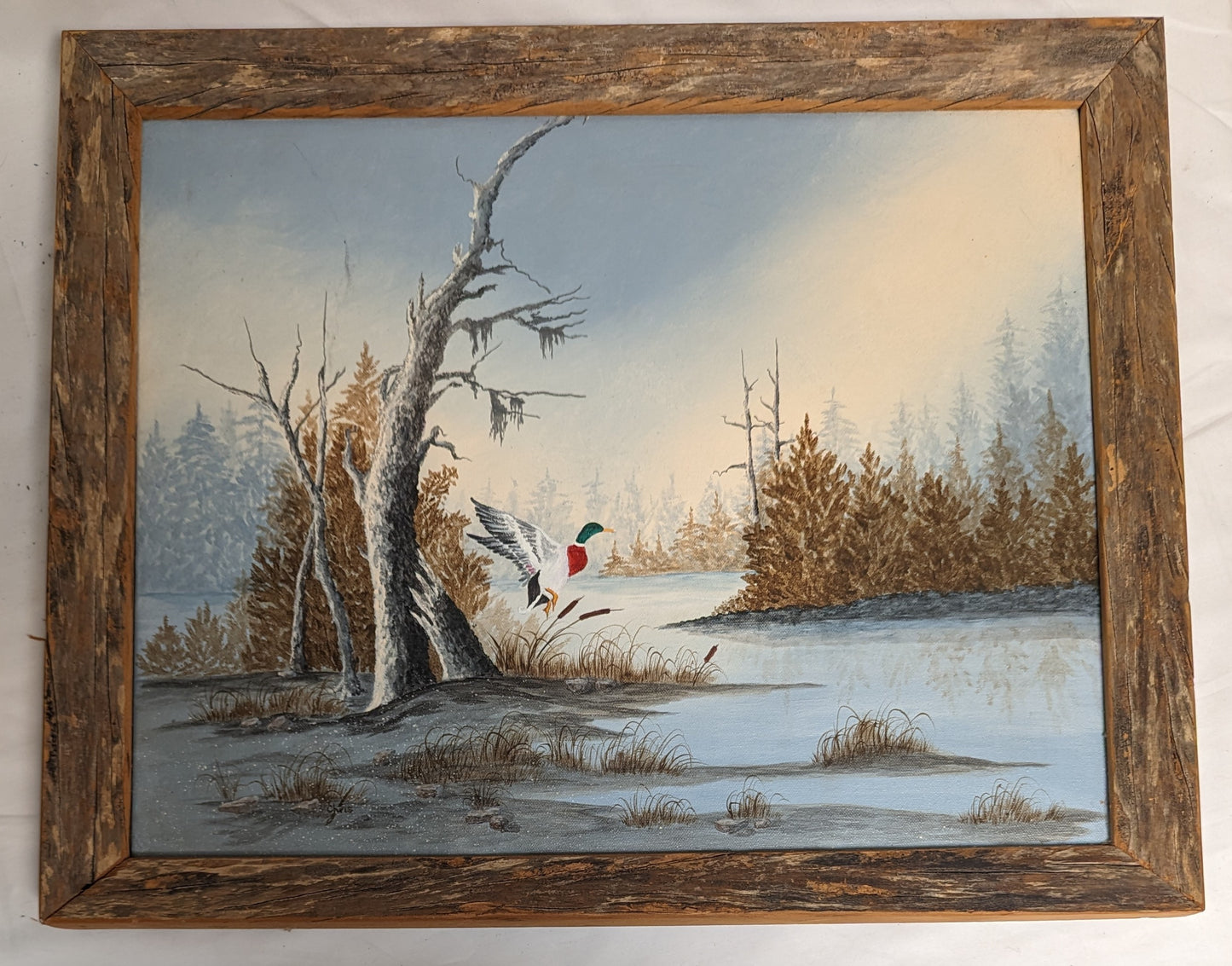 Art Vintage Hand Painted on Canvas " Mallard Duck in Flight"' Autographed Custom Handmade Recycled Barnwood Frame
