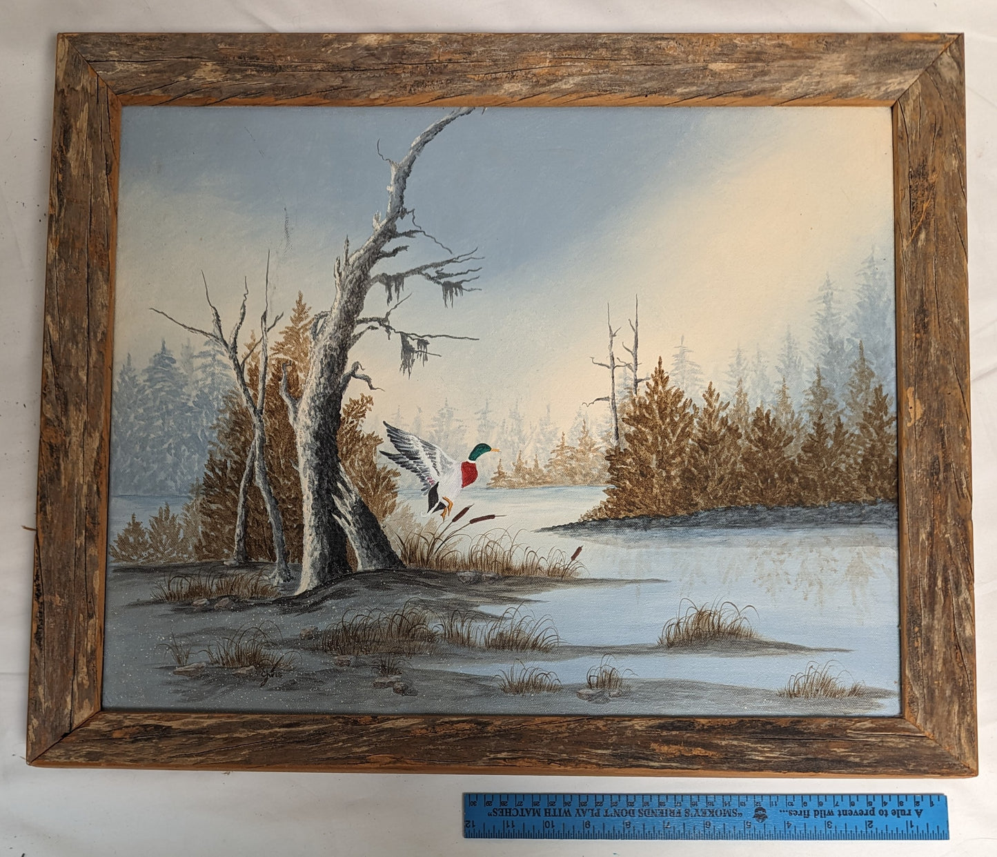 Art Vintage Hand Painted on Canvas " Mallard Duck in Flight"' Autographed Custom Handmade Recycled Barnwood Frame