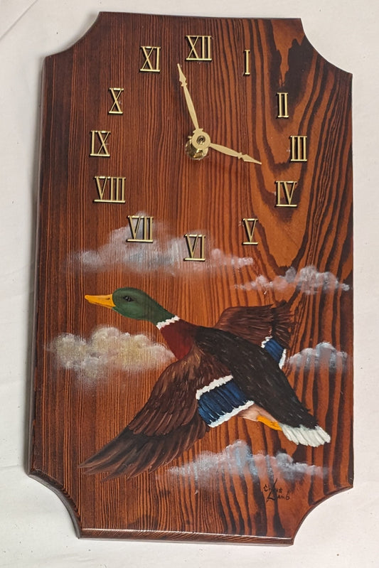 Art Vintage Hand Painted on Wood Clock  " Mallard Duck in Flight"' Autographed