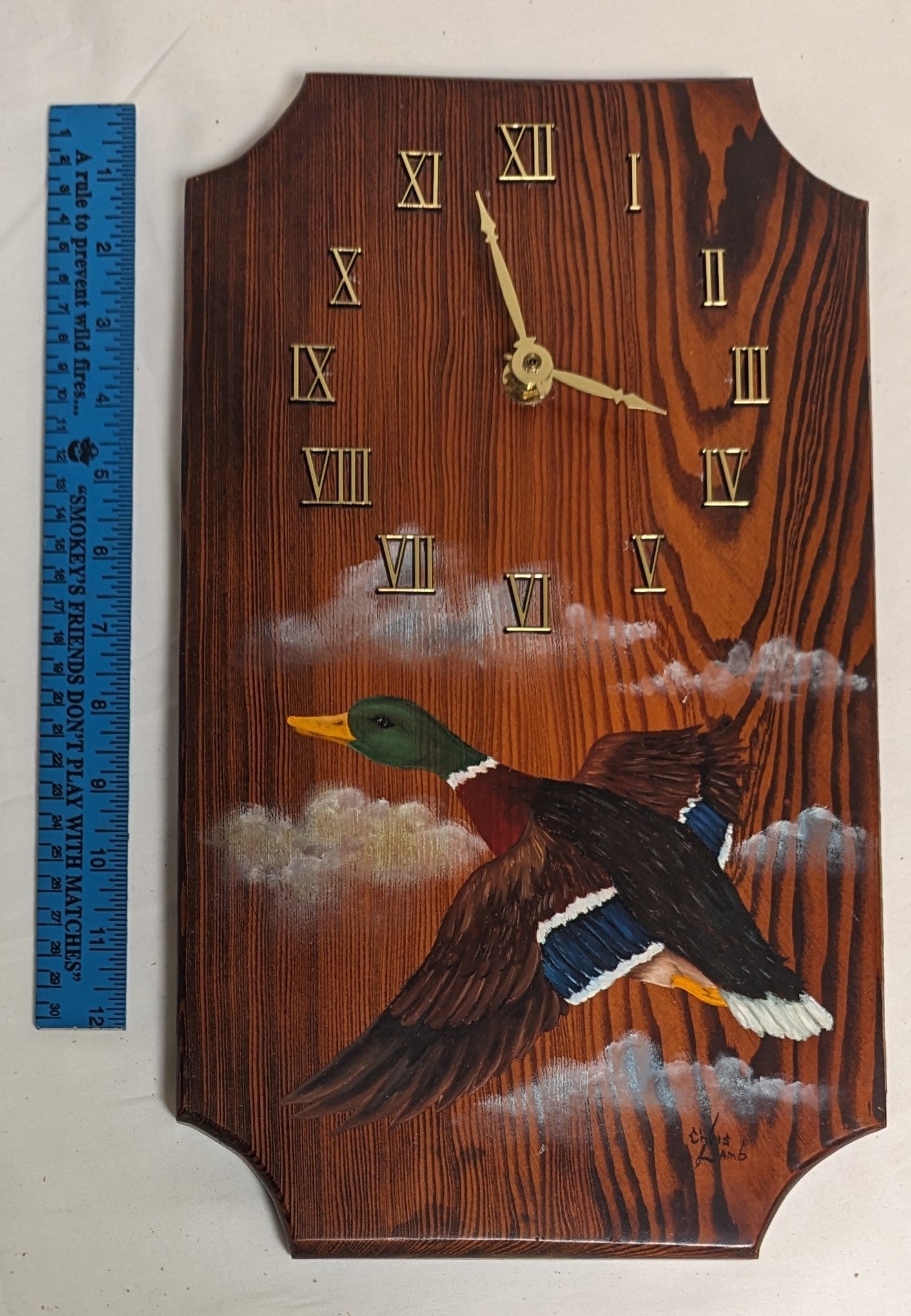 Art Vintage Hand Painted on Wood Clock  " Mallard Duck in Flight"' Autographed
