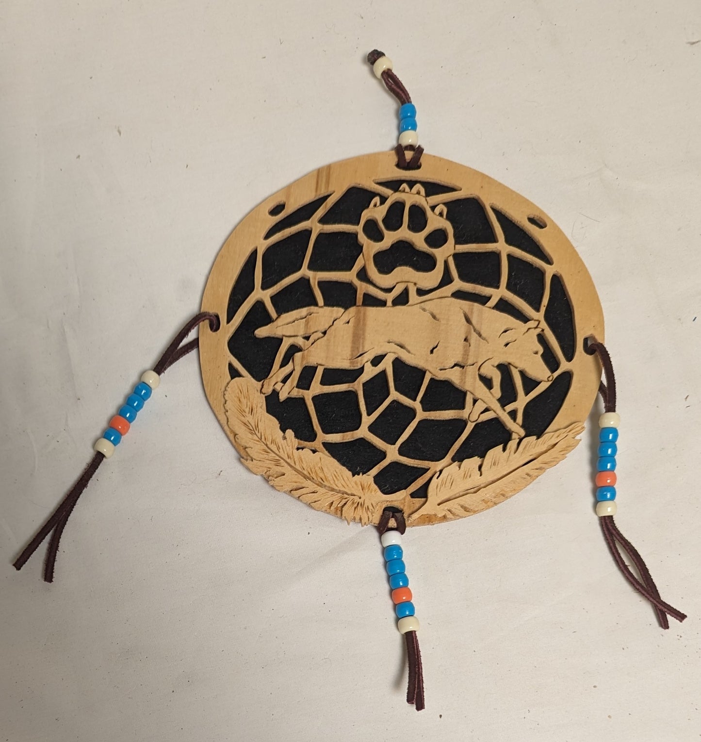 Art Vintage Hand Made Dreamcatcher on Wood  " Lone Wolf"' Autographed Dreamcore