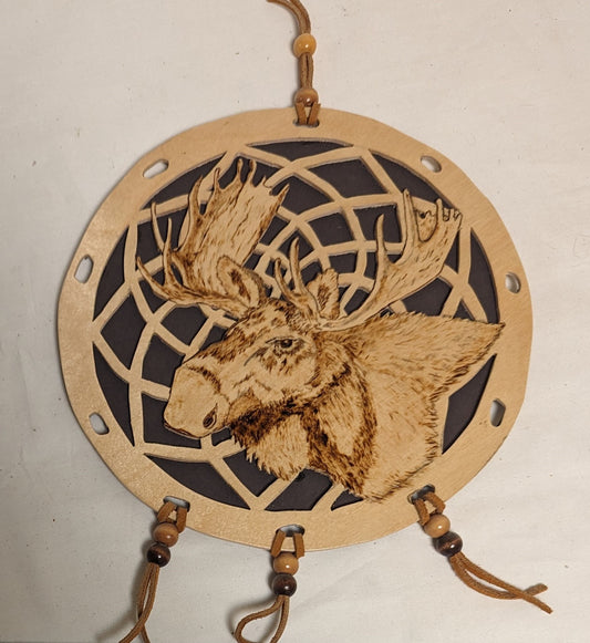Art Vintage Hand Made Dreamcatcher on Wood  " Moose Head"'  Dreamcore
