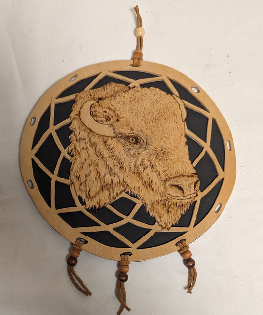 Art Vintage Hand Made Dreamcatcher on Wood  " Buffalo Head"'  Dreamcore