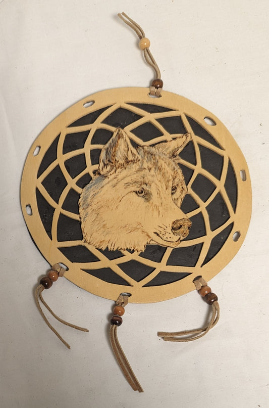 Art Vintage Hand Made Dreamcatcher on Wood  " Wolf Head"'  Dreamcore