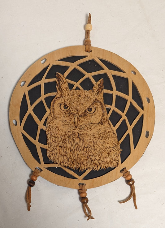 Art Vintage Hand Made Dreamcatcher on Wood  " Owl"'  Dreamcore Autographed