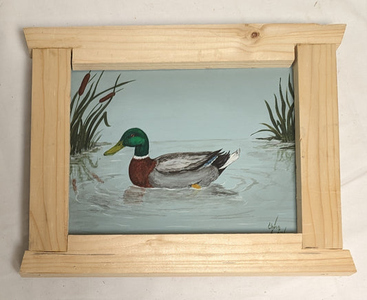Art Vintage Handmade Painting in custom frame " Duck on Pond" Autographed