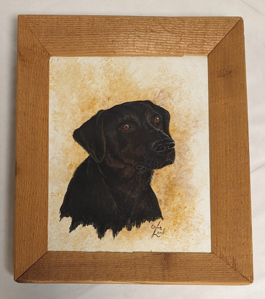 Art Vintage Handmade Painting in custom frame " Black Dog " Autographed Huntercore Labrador Retriever