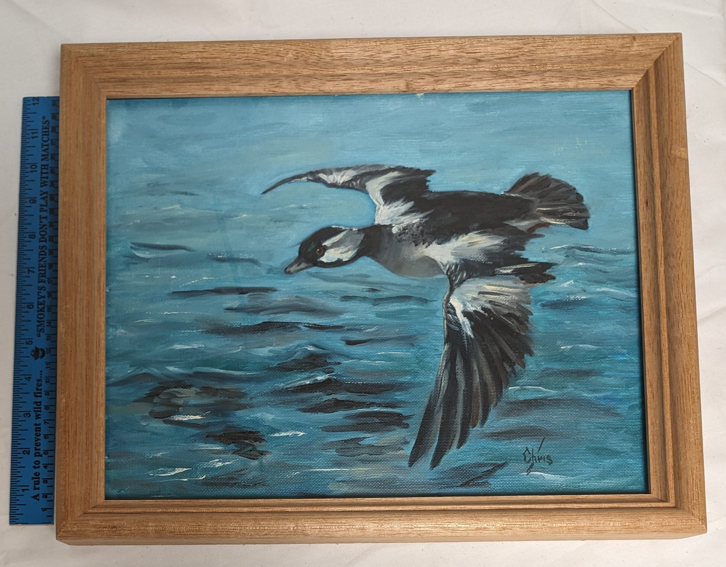 Art Vintage Oil Painting in frame " Bufferhead Duck in flight"