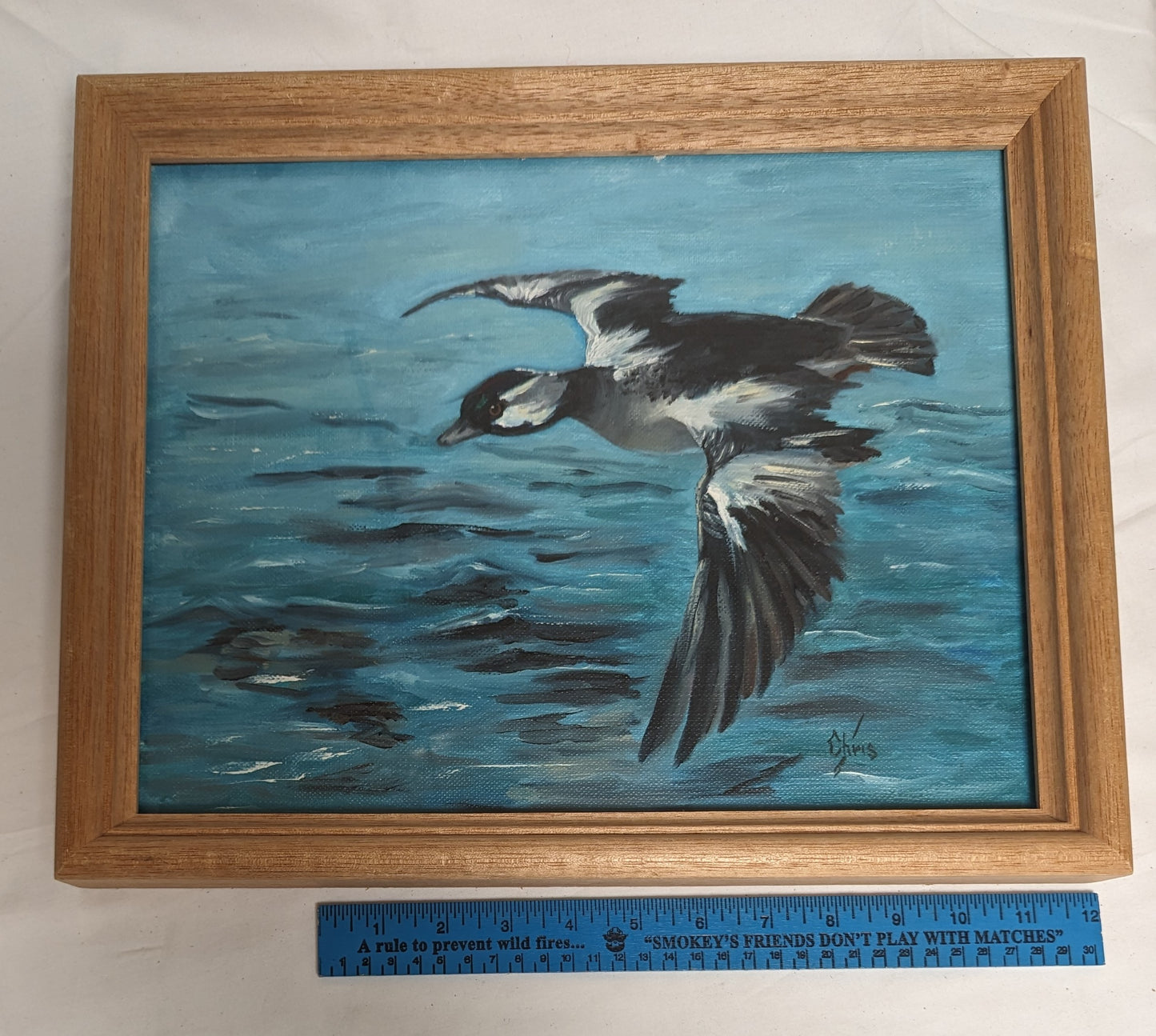 Art Vintage Oil Painting in frame " Bufferhead Duck in flight"