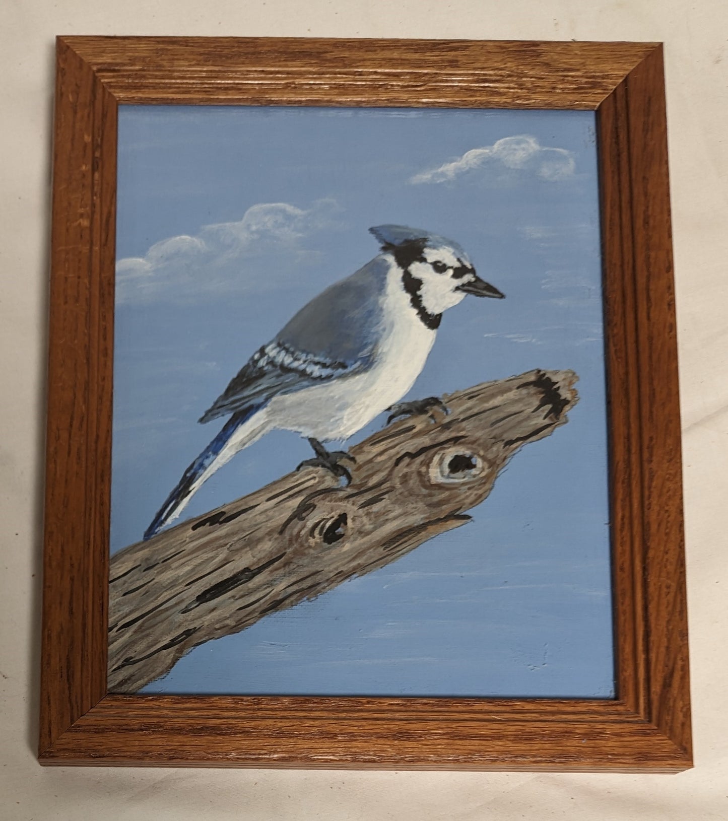 Art Vintage Oil Painting in frame " Bluejay on Branch"