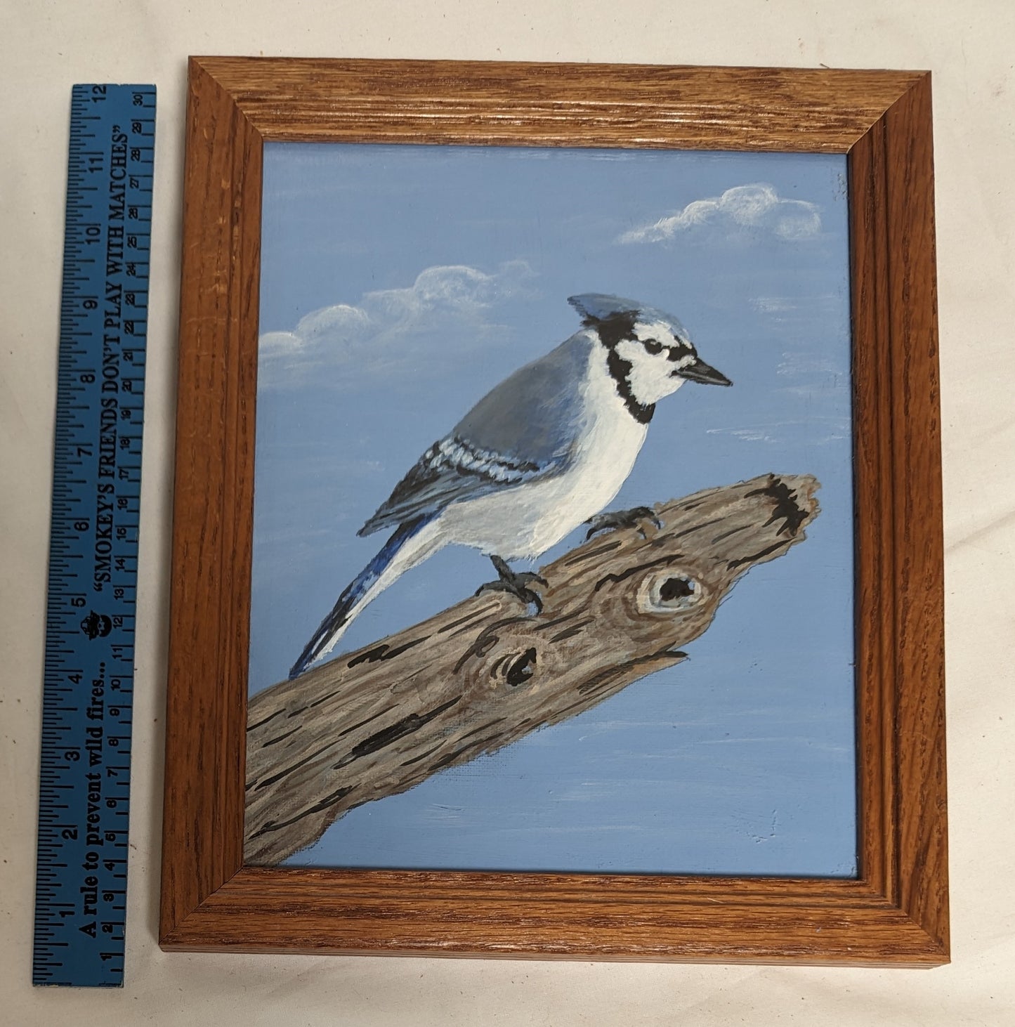 Art Vintage Oil Painting in frame " Bluejay on Branch"
