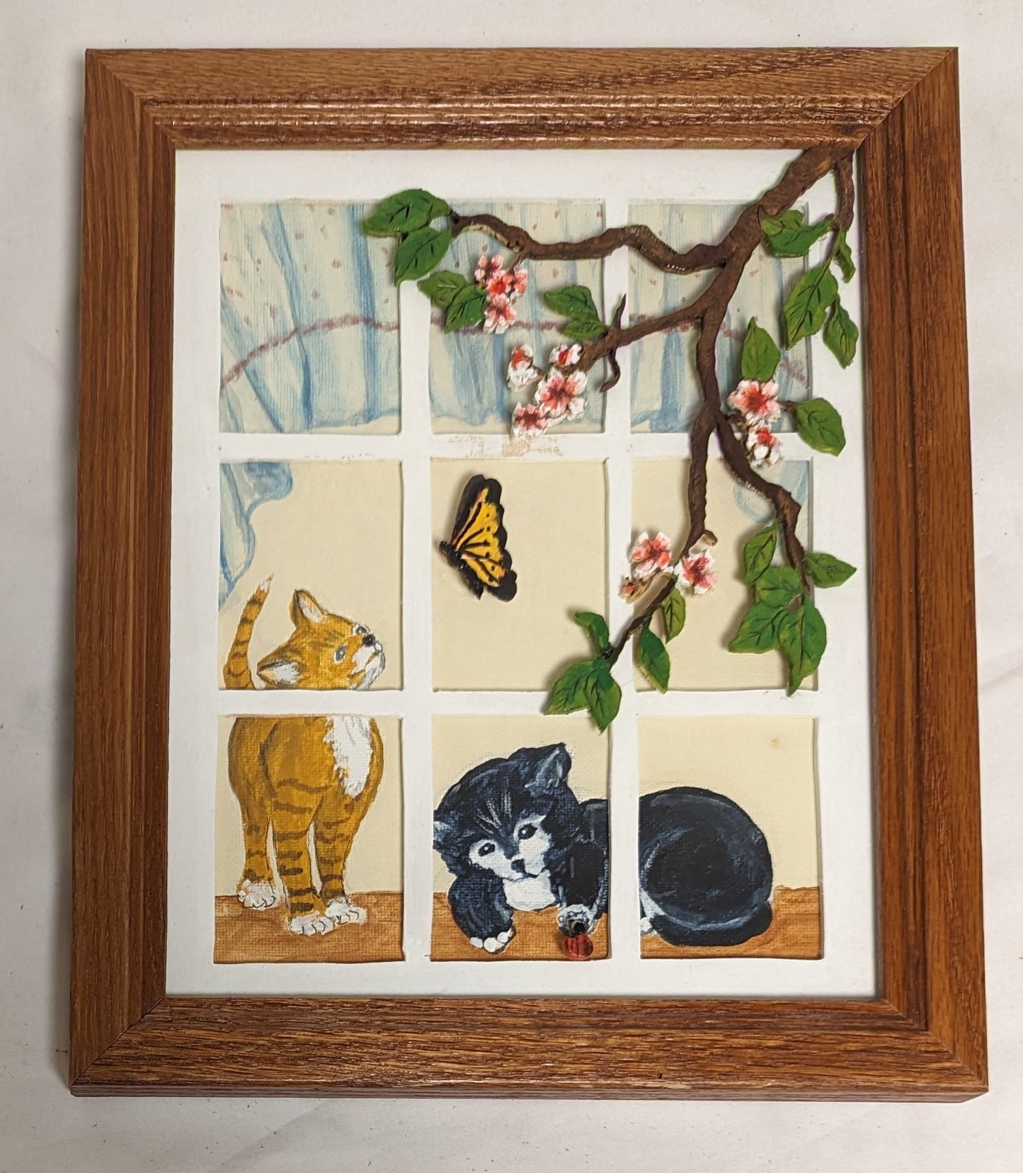 Art Vintage Mixed Media Oil Painting Applied Scroll Sawn elements in frame " Kittens in Window"