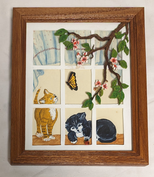 Art Vintage Mixed Media Oil Painting Applied Scroll Sawn elements in frame " Kittens in Window"