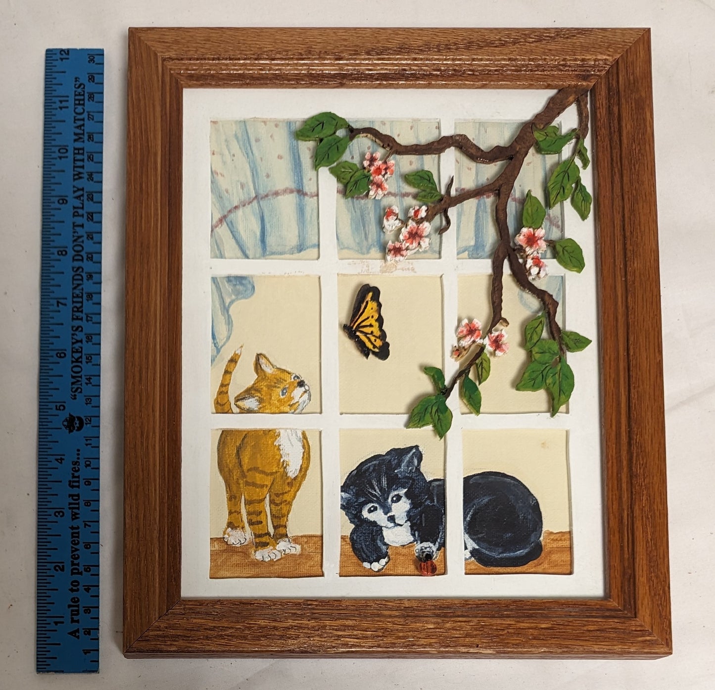 Art Vintage Mixed Media Oil Painting Applied Scroll Sawn elements in frame " Kittens in Window"