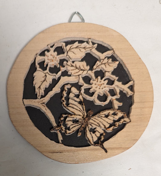 Art Vintage Mixed Media Pyrography Scroll Sawn ornament " Butterfly and flower