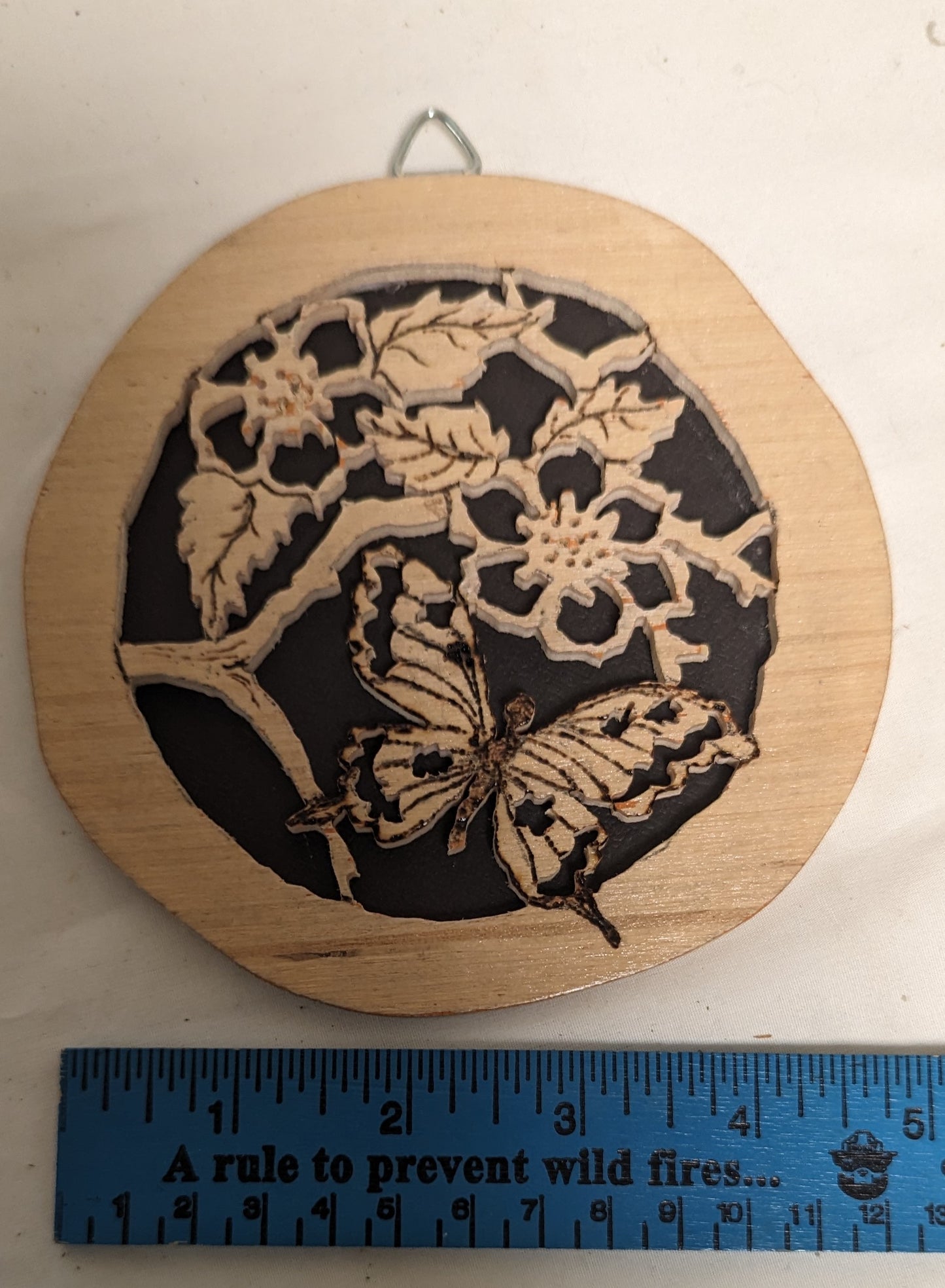 Art Vintage Mixed Media Pyrography Scroll Sawn ornament " Butterfly and flower