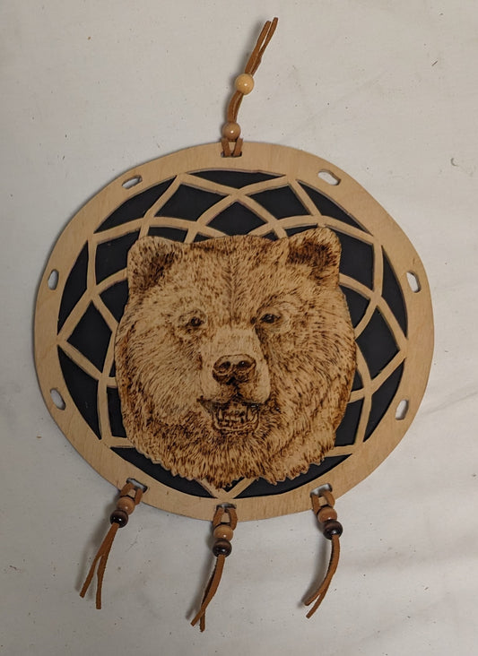 Art Vintage Hand Made Dreamcatcher on Wood  " Grizzly Face"' Autographed Dreamcore