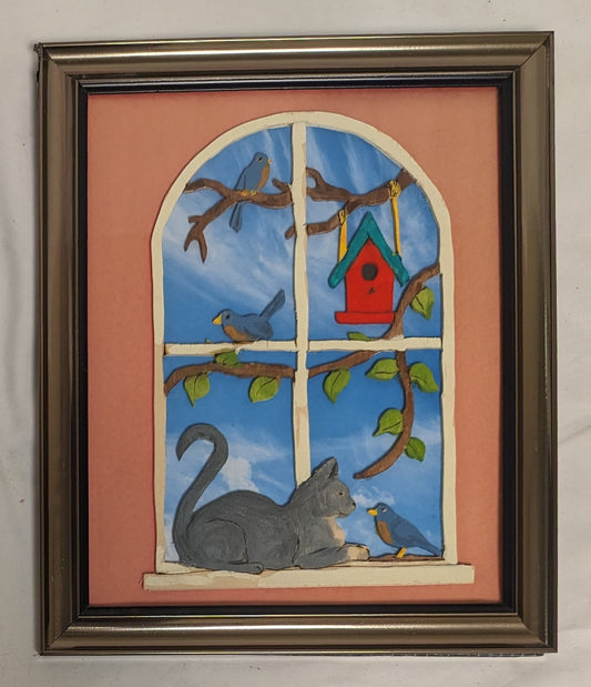 Art Vintage Hand  Scroll Saw Painting on Wood  "Kittens Window"'  Delightful Three Little Birds Cottagecore