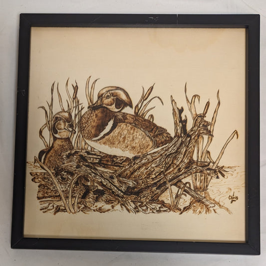 Art Vintage Hand Burned Pyrography on Wood  "Wood Ducks" in frame under glass Delightful Cabincore